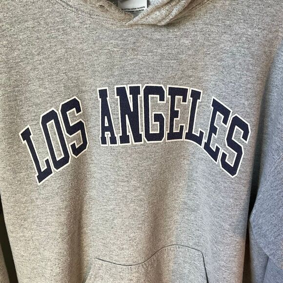 Vintage Los Angeles Pullover Hoodie by Gildan. Grey with navy. Medium - Picture 9 of 12